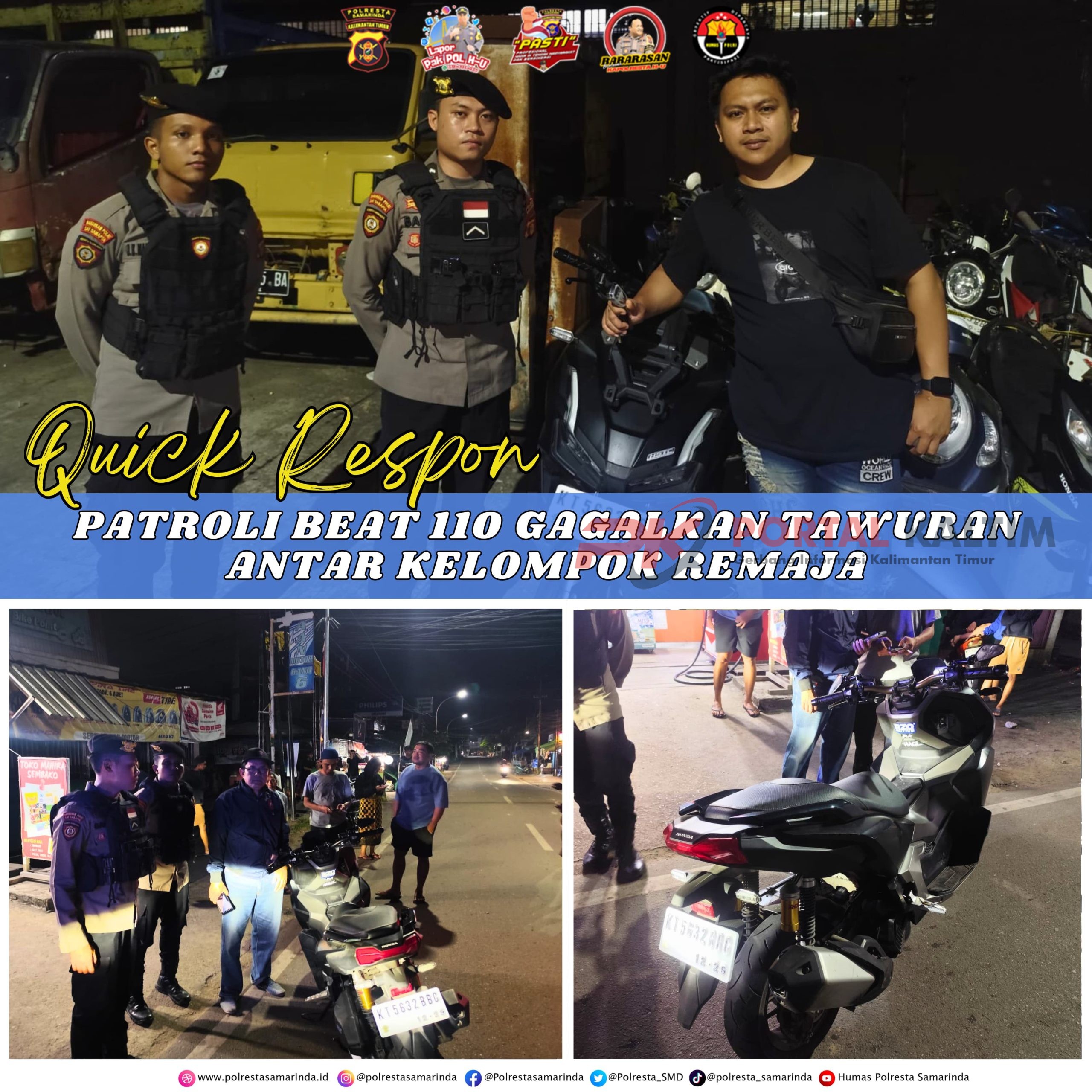 Aksi Patroli Beat 110 saat gagalkan tawuran remaja di Pasar Kemuning, Samarinda, Kapolresta Samarinda beri imbauan terkait larangan tawuran dan perang sarung.