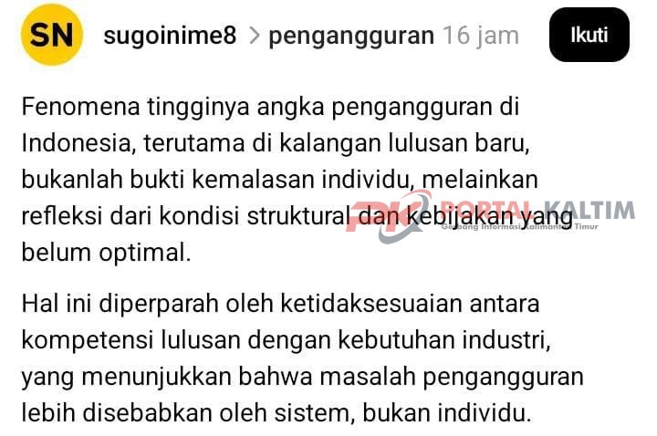 Tangkapan layar sebuah utas yang menyinggung masalah meningkatnya angka pengangguran di Indonesia di Threads