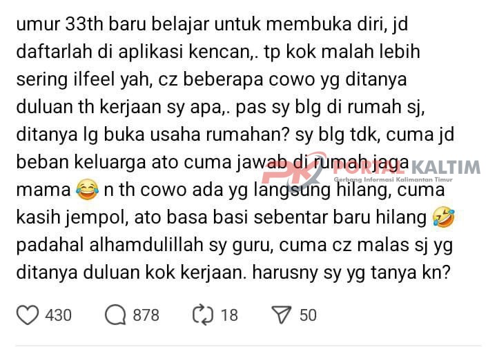 Tangkapan layar sebuah utas di mana seorang wanita menolak menjawab menjawab profesinya ketika berkenalan dengan seorang prima di aplikasi kencan
