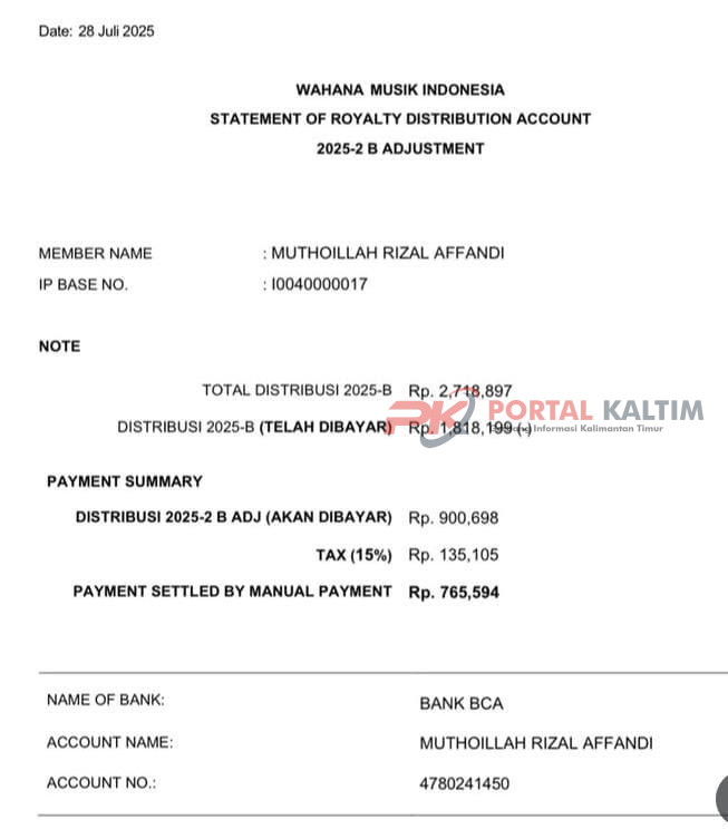 Bukti pembayaran royalti Ari Lasso yang ditujukan kepada Muthoillah Rizal Affandi