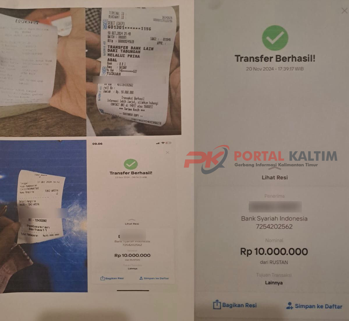 Barang bukti transfer dari korban dan terduga pelaku penipuan serta penggelapan uang dengan modus jual truk fiktif