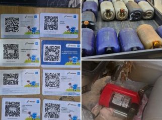 Barang bukti puluhan jerigen, barcode MyPertamina, dan mobil modifikasi yang digunakan pelaku dalam kasus dugaan penyelewengan BBM subsidi di Samarinda