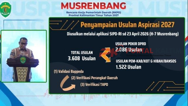 Kepala Bappeda Provinsi Kalimantan Timur Muhaimin menyampaikan laporan pelaksanaan Musrenbang RKPD Tahun 2027