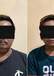 Dua tersangka kasus pencurian kendaraan bermotor saat diamankan di Polsek Sungai Pinang bersama barang bukti hasil kejahatan.